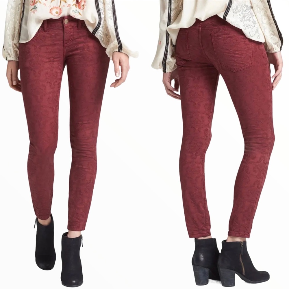 FREE PEOPLE Ivory Jacquard Lace Print Textured Skinny Jeans Boho Cottagecore 28